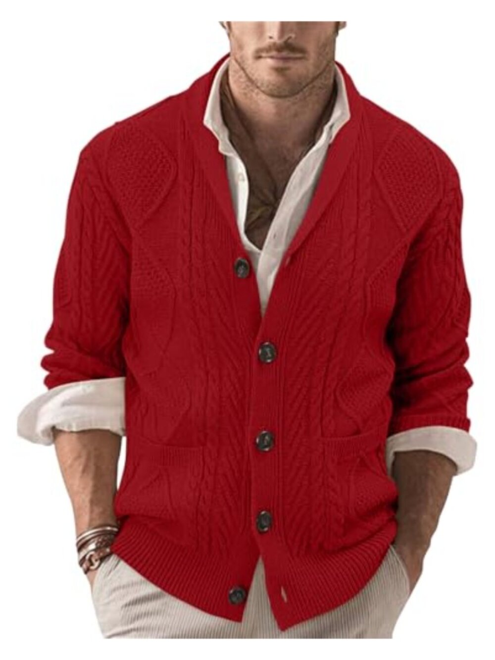 Men's Shawl Collar Button Down Cable Knit Cardigan Sweater with Pockets